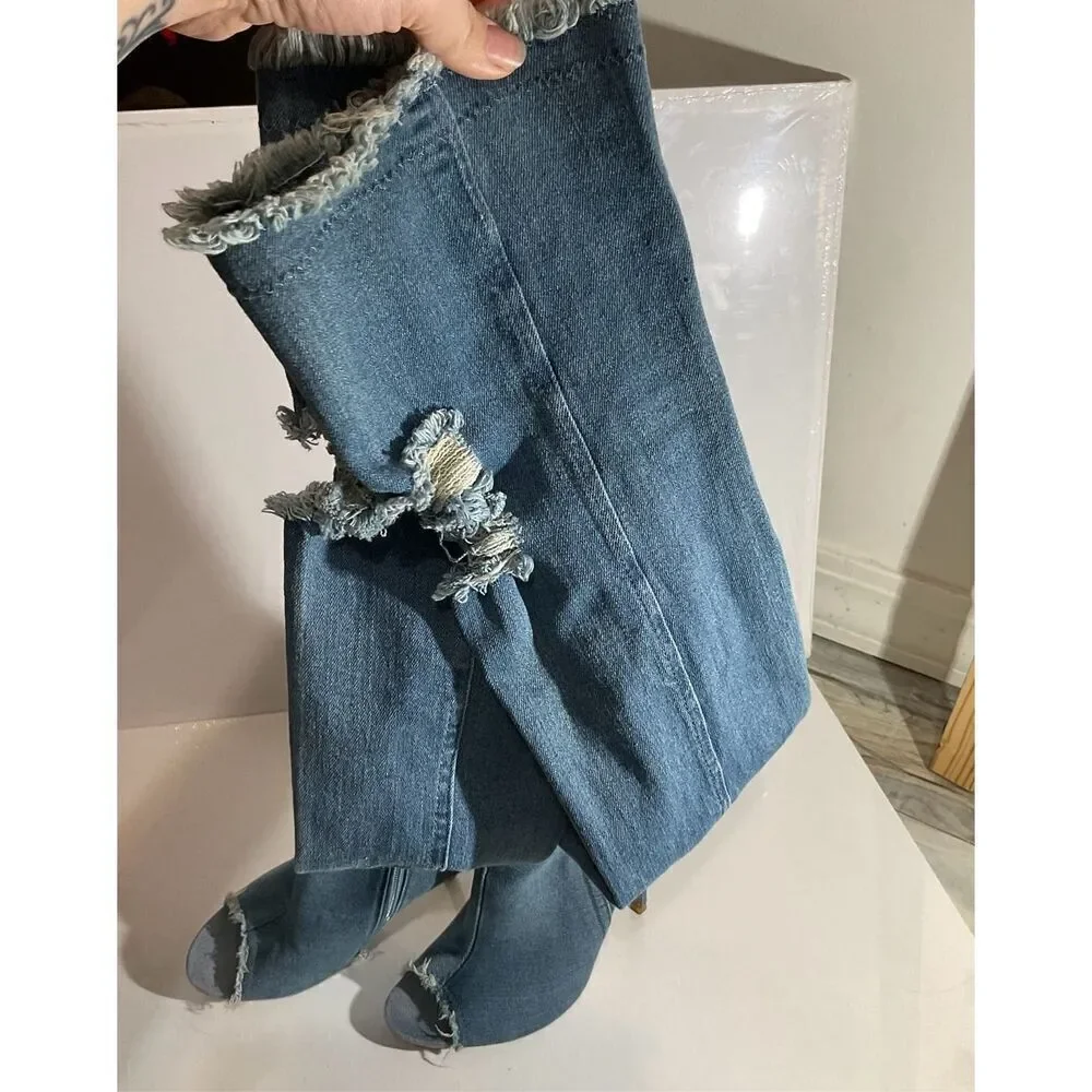Lola Shoetique Denim Open Toe, High Heel , knee High Boots size 7